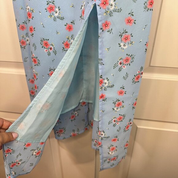 Light Blue Floral Tie Shoulder Slit Midi Dress - NEW - Picture 12 of 16